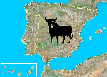 Der (lächelnde) „Osborne” Stier, auf einer Satellitenaufnahme der iberischen Halbinsel (© nasa & Google Earth)