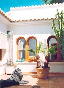 Patio with bronze lion in a large villa in Denia, Costa Blanca