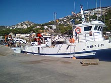 The fishing harbour of Javea on the Costa Blanca countryside in Spain, with cutters