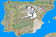 Un satellite dessiné en train de regarder la carte d'Espagne
